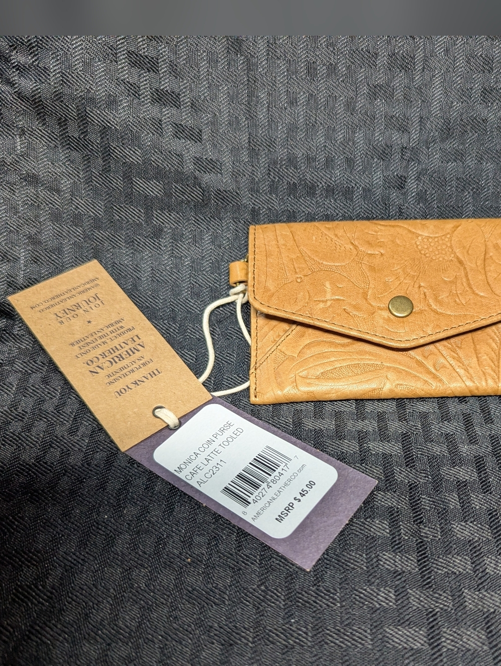 American Leather Company Cashew Tooled Monica Coin Purse.